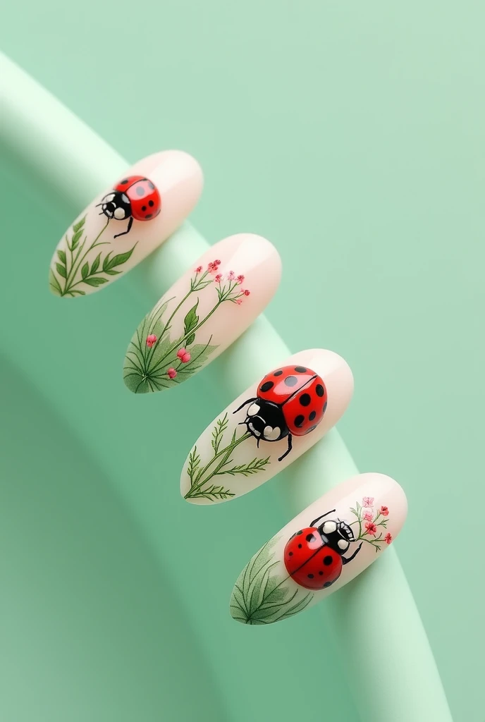 An aesthetic almond tip nail art with ladybug and plant pattern in soft color and the backgound color is mint green.