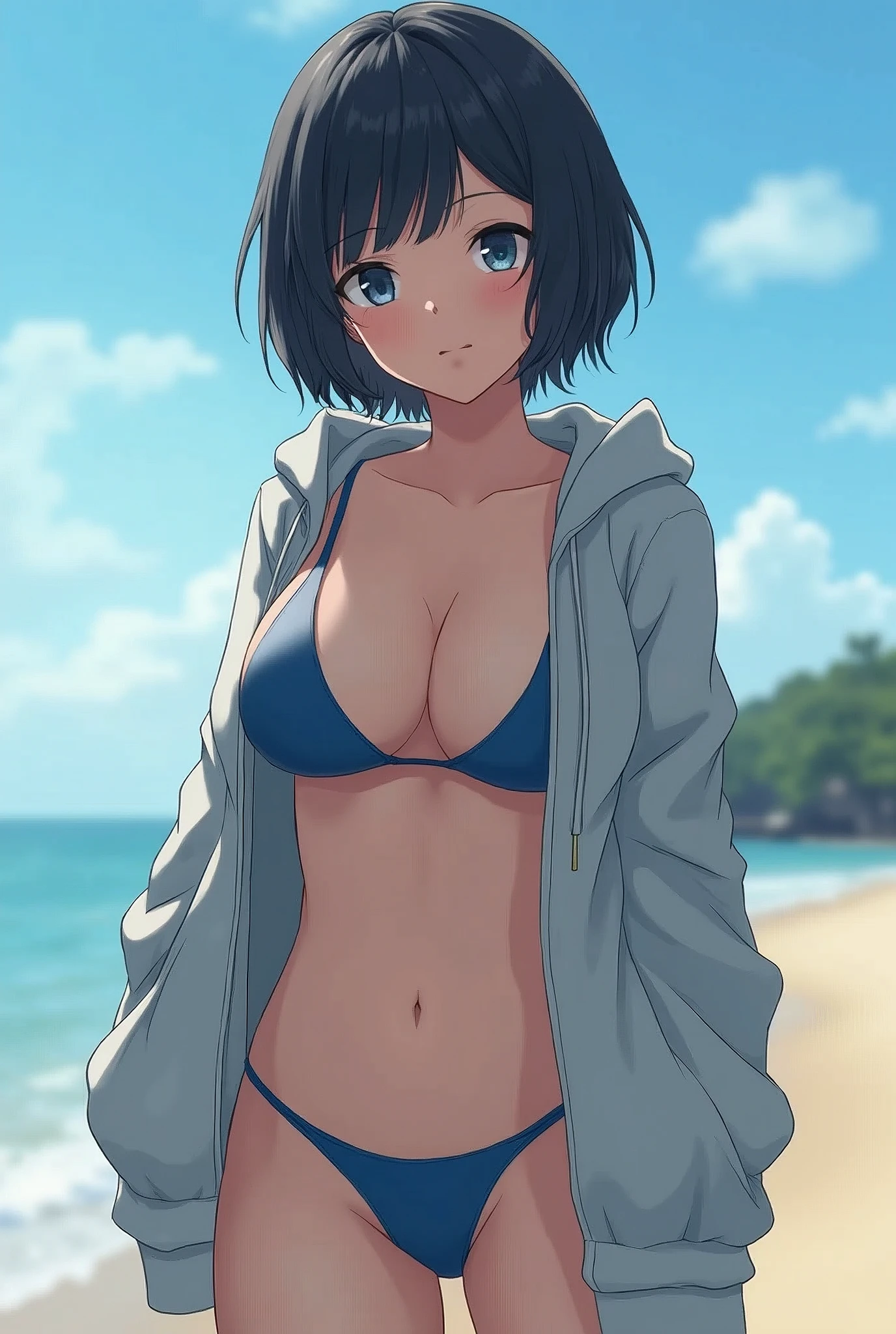 Highest quality,masterpiece,(Genuineistic)alone,Genuine,Japanese women,22 years old,Low length,Large Breasts,Black Hair,short hair,Blue Bikini,Grey hoodie,Looking into the camera,The background is the beach,Fool the background,Something suspicious,Anaglyph Effect,Ultra-high resolution,Highly detailed official Unity 8K wallpapers,Ultra-high resolution,super high quality,