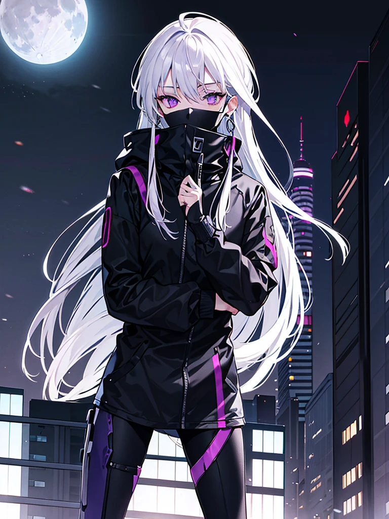 purple eyed spy, wearing all black clothes, wearing a cyber mask that covers the entire face, with white hair, with silver hoop earrings in the ear, alone on top of a building with the moon in the background