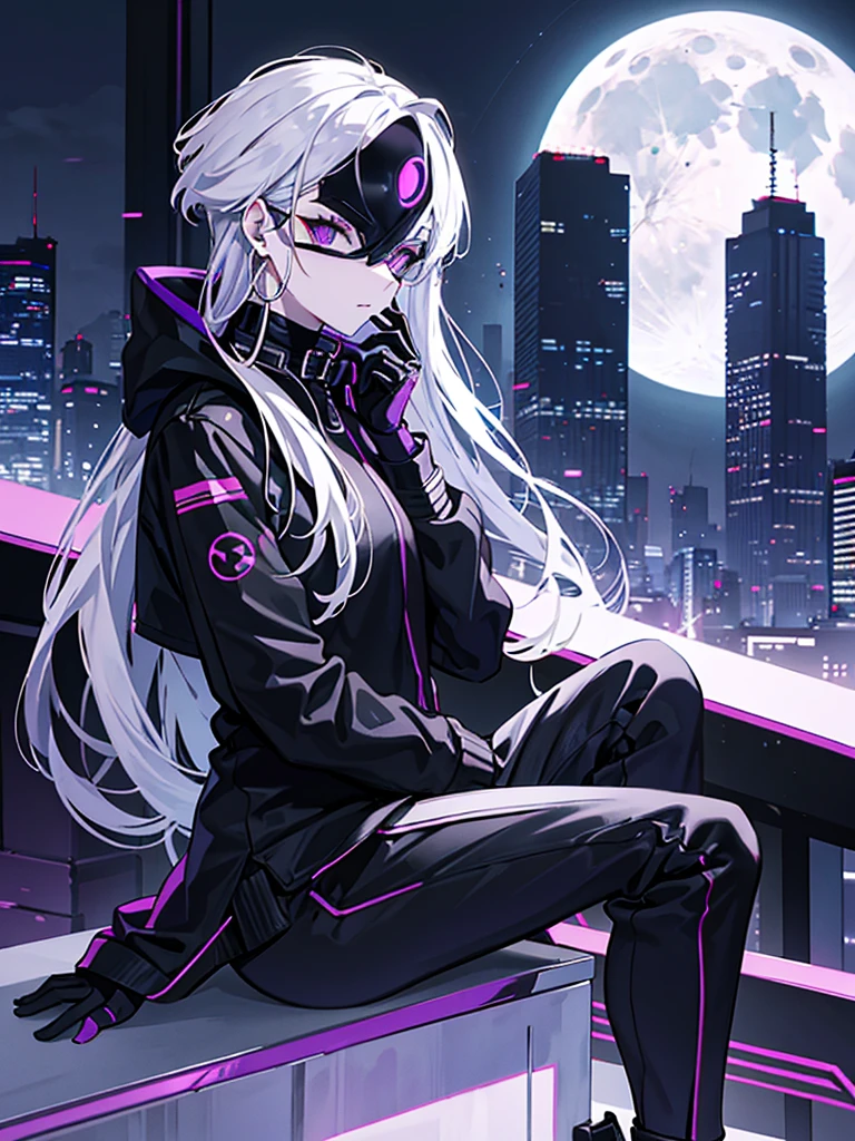 purple eyed spy, wearing all black clothes, wearing a cyber mask that covers the entire face, with white hair, with silver hoop earrings in the ear, alone on top of a building with the moon in the background