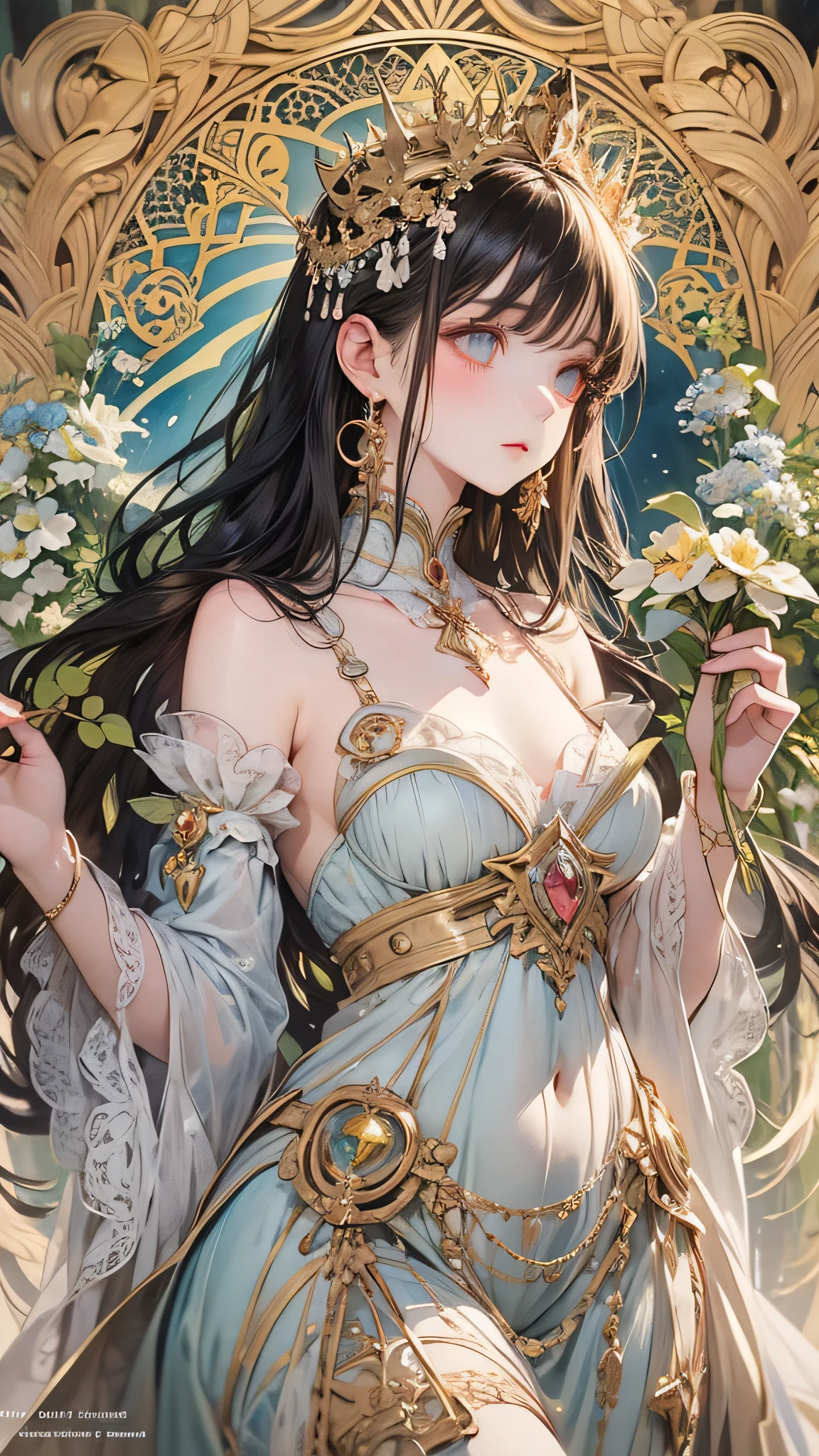 Depicts a beautiful woman with flowers in her hair、Highly detailed watercolor painting, The style of Alfons Maria Mucha and Gustav Kirmut, Art Nouveau accents, Fairy Princess, Anthropomorphic woman, Female figure, Detailed cover artwork, As the Flower Goddess, Alphonse Mucha, Gustav Klimt, Pale skin, Marble sculpture, society, Gothic art, Art Nouveau, Behance Contest Winner