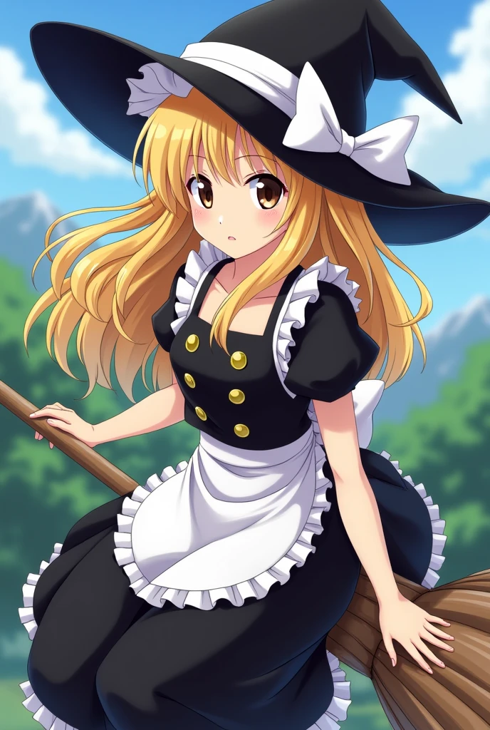 With an anime-like pattern、Confident々Please make a face like that。A wizard with long blonde hair、Only the right side is braided.。There is a white ribbon at the end of the braid.。Her hair is down except for the braid on the right side. She has a black wizard's hat with a ribbon.。The eyes are brown。Her clothes were black and white frilly like a wizard's.、The skirt has something like an apron on it.、Please wear clothes with four gold buttons in a square shape on the chest.。Please put me on the broom。