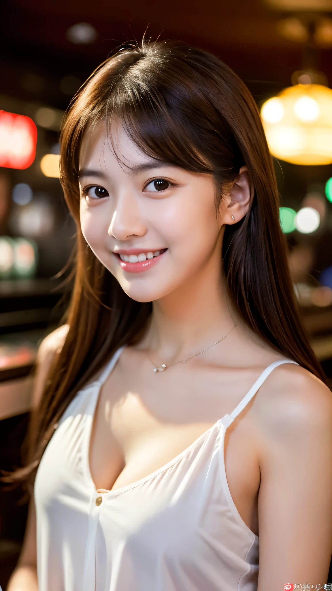 A very cute face like an idol, Looks like a young face, 20-year-old female, Gentle and cute, A kind smile, A slightly see-through white blouse, (whole body像), Cleavage, A crowded bar, Cinema lighting, Natural light, whole body, RAW Photos, Genuine, Artistic, (High level of artistry), High quality that is indistinguishable from real life, realism, Real Stick, High resolution, masterpiece