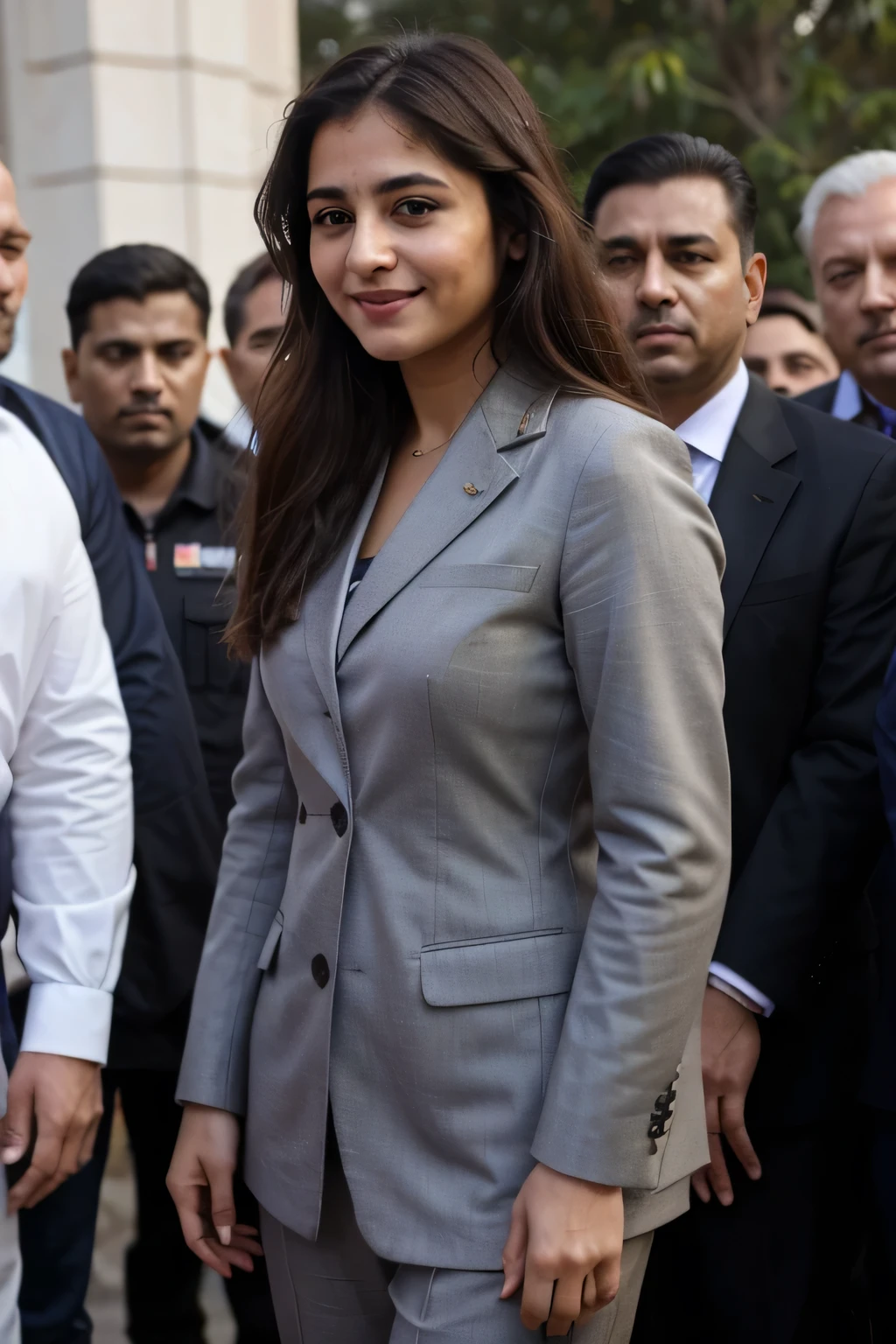 ((best quality)), ((masterpiece)), (detailed),
A 21 year old beautiful Indian girl with long hair smiling face beautiful eyes wearing dark coloured suit coat pant prime minister covered with her security and body guards standing full pic not looking at camera taken from long distance pic taken from side