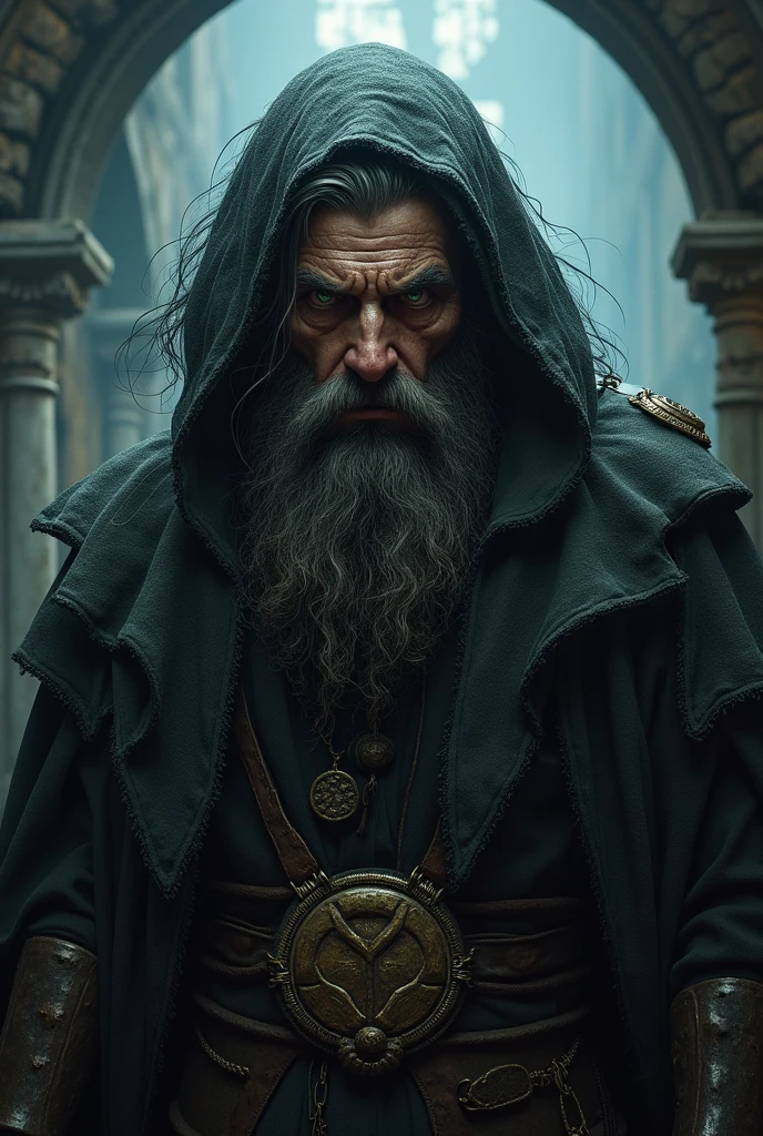 A necromancer from dungeon and dragons with beard, portrait, no glasses, masterpiece angry expression