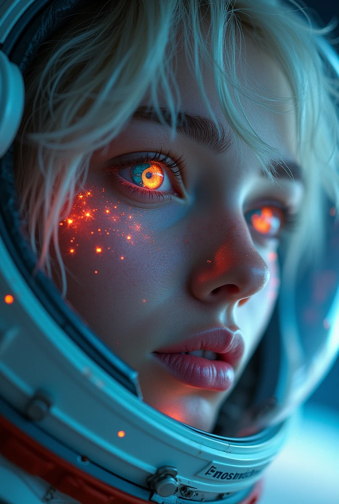 (Close-up of a better masterpiece:1.5)0.9], (Space and astronauts:1.2) (Messy silver hair:1.1) (Heterochromia xanthochromia and blue eyes:1.2) (Space Helmet:1.0) (Colored stars in the eyes:1.0) (A radiant glow:1.1) (thick lips:0.9)