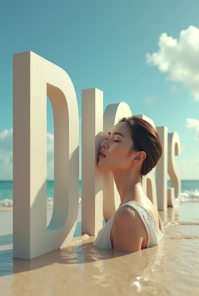 Big thick DIORIS letters rubbing face up on the beach