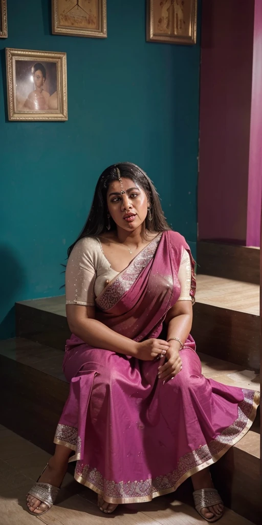 Day scene, full body photo of a plus sized 45 year old indian with a man from top view, (Masterpiece, Best Quality, High Resolution), office Background, (cum Splash on her breasts and nipples, cum Splash on her face, Splash of cum, cum Splash on her blouse, cum Splash on her eys), Sweet 25 year old South indian women sitting on her knees in a crowded party hall with a man, hour glass body red lips, silver colour silky gown, lightly makeup,ultra realistic, realistic, look at viewer (cinematic:1.3), intricate details,