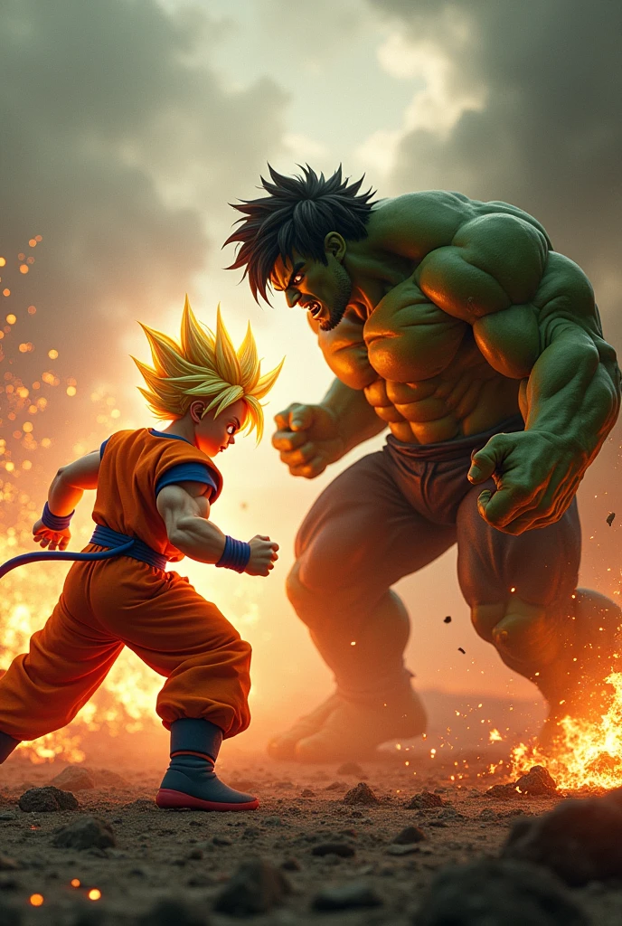 Goku ultra instinct vs hulk square ai image, both angry in battlefield with fire around them