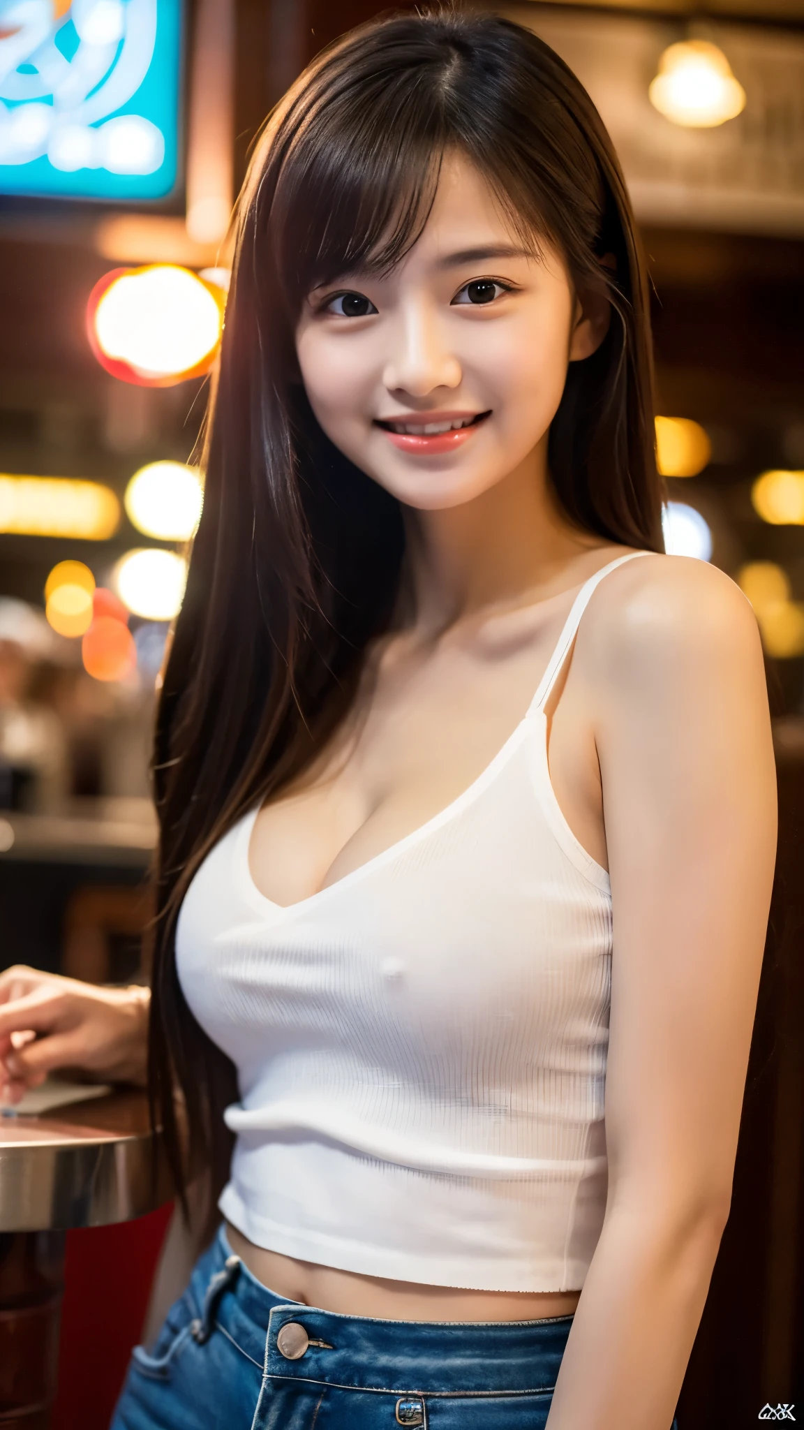 A very cute face like an idol, Looks like a young face, 20-year-old female, Gentle and cute, A kind smile, A slightly see-through white blouse, (whole body像), Cleavage, A crowded bar, Cinema lighting, Natural light, whole body, RAW Photos, Genuine, Artistic, (High level of artistry), High quality that is indistinguishable from real life, realism, Real Stick, High resolution, masterpiece