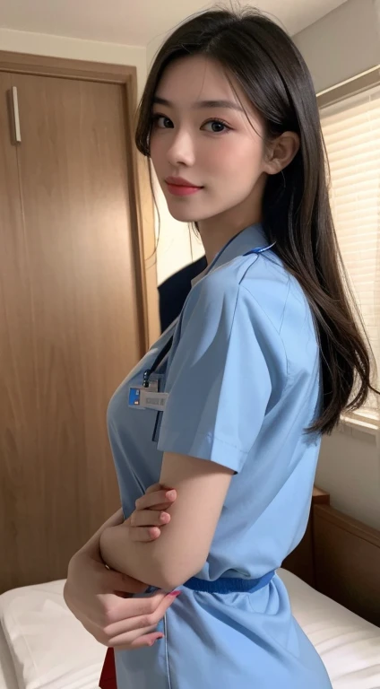 8K, RAW photos, Best quality, Masterpiece: 1.2),(best qualtiy,8K, Yes,32K,masterpiece,hyper HD:1.2) , 20 years old, Generate a highly detailed and realistic 4K description of a woman in a nurse’s uniform inside a hospital room, emphasizing every detail, from her attire to the surrounding environment, skinny body, perfect body, beautifull face, asian face, glowing skin,