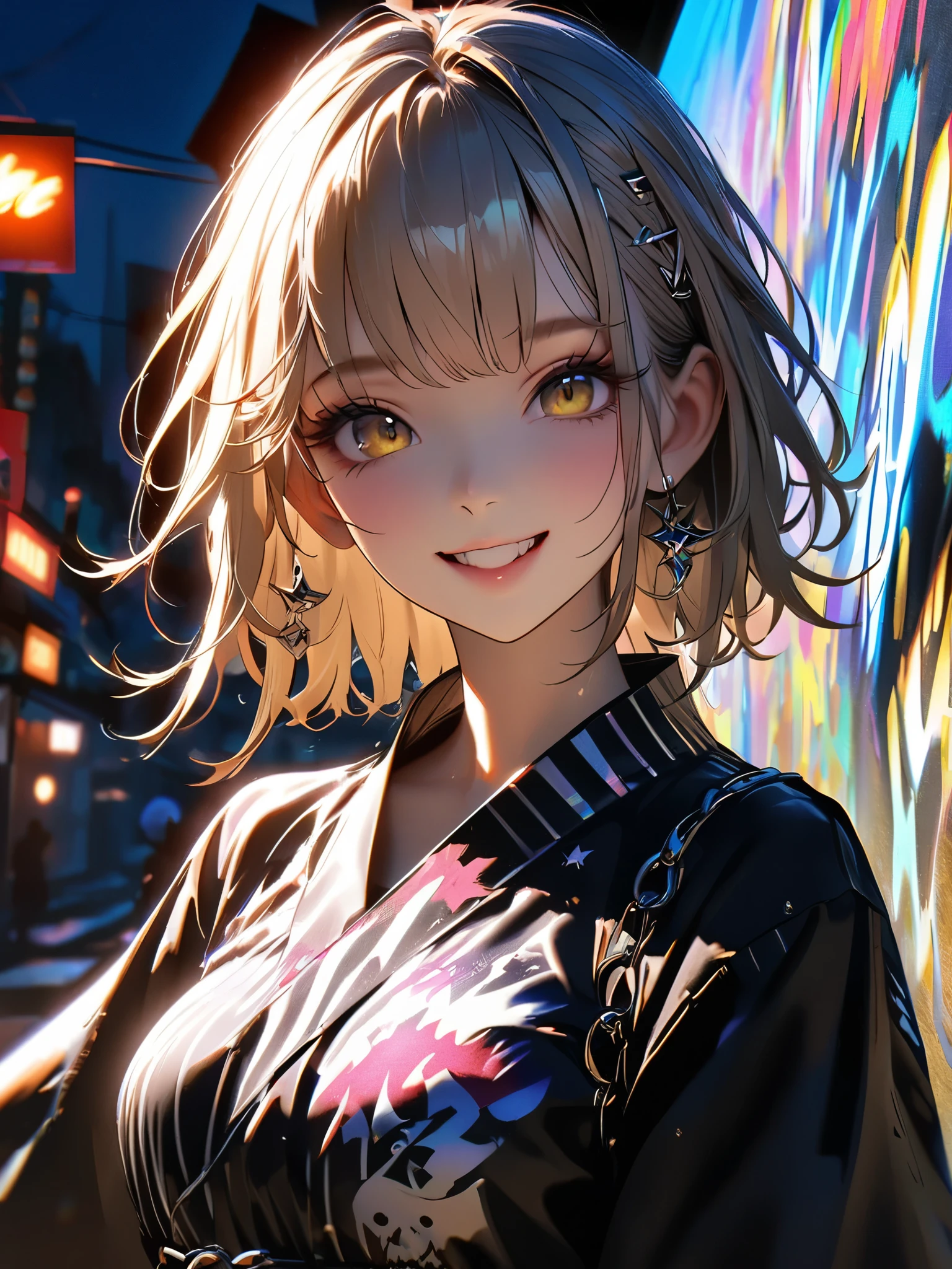 1 girl, chromatic aberration, Written boundary depth, Soft Light, masterpiece, Highest quality, complicated, Tone Mapping, A place where fireworks are set off at festivals. Concept Art, Smooth, Clear focus, Dramatic lighting, Very cinematic, super practical painting, アートステーション's trending, 8k, Incredible Shadows, practical,  whole body, View, Viewers, Portrait of a Girl 1, standing on street corner, Heavy rain and lightning、Dark Sky, neon and cyber punk background, she is dressed in punk clothing with silver chains and silver spikes, Her hair was dyed light brown.........Ominous aura of light, smile, punk, ciber punk, Backlight.Fashionable clothes、Friendly dress code: yukata.My breasts are a little big