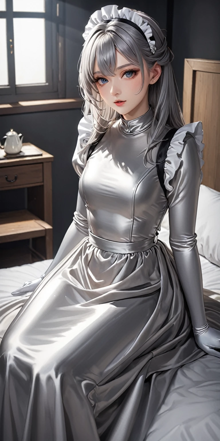 Portraiture、(masterpiece,Highest quality,Ultra-high resolution),Japanese women, (((Very beautiful 25 year old girl)))、(She is wearing a shiny light silver satin long sleeve maid outfit..)、The dress has a simple design without any patterns...、(((A long skirt made of pale silver satin.)))、Pale silver satin gloves、((Pale silver satin bodysuit))、Sitting on a bed in a dark room