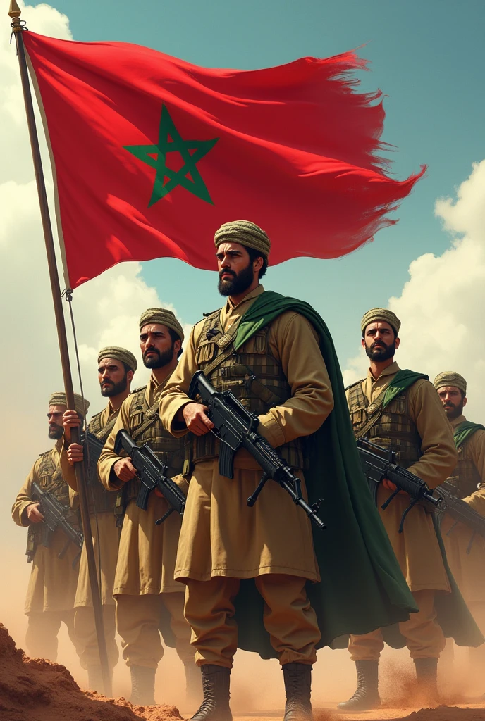 Moroccan armed soldiers with flag next to them