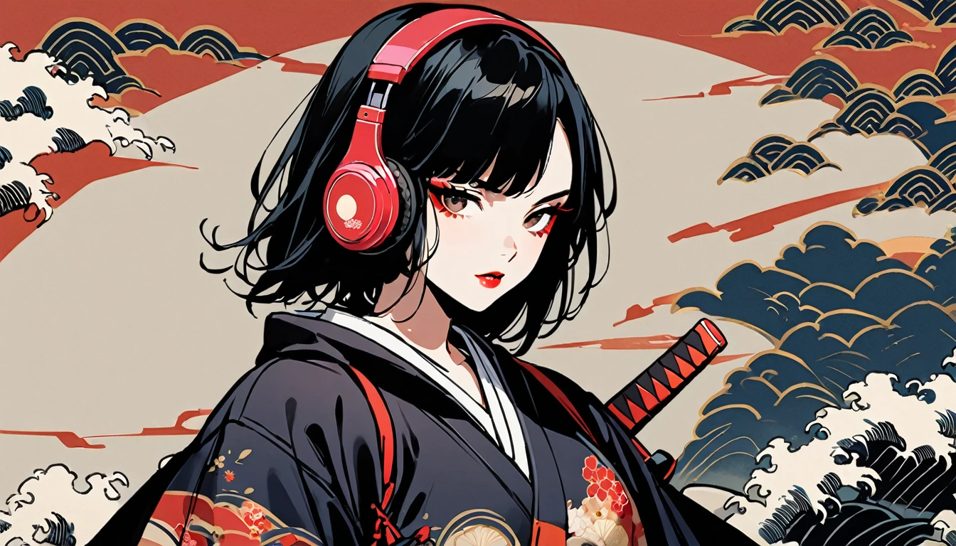 (((1 girl))), (((Flashy makeup))), (((Japanese style headphones))), (((Japanese pattern hoodie))), (((Japanese sword))), (((Female samurai))), Japanese beautiful girl, Black Hair, Delicate and precise, Modern ukiyo-e style, Japanese flag, battle style