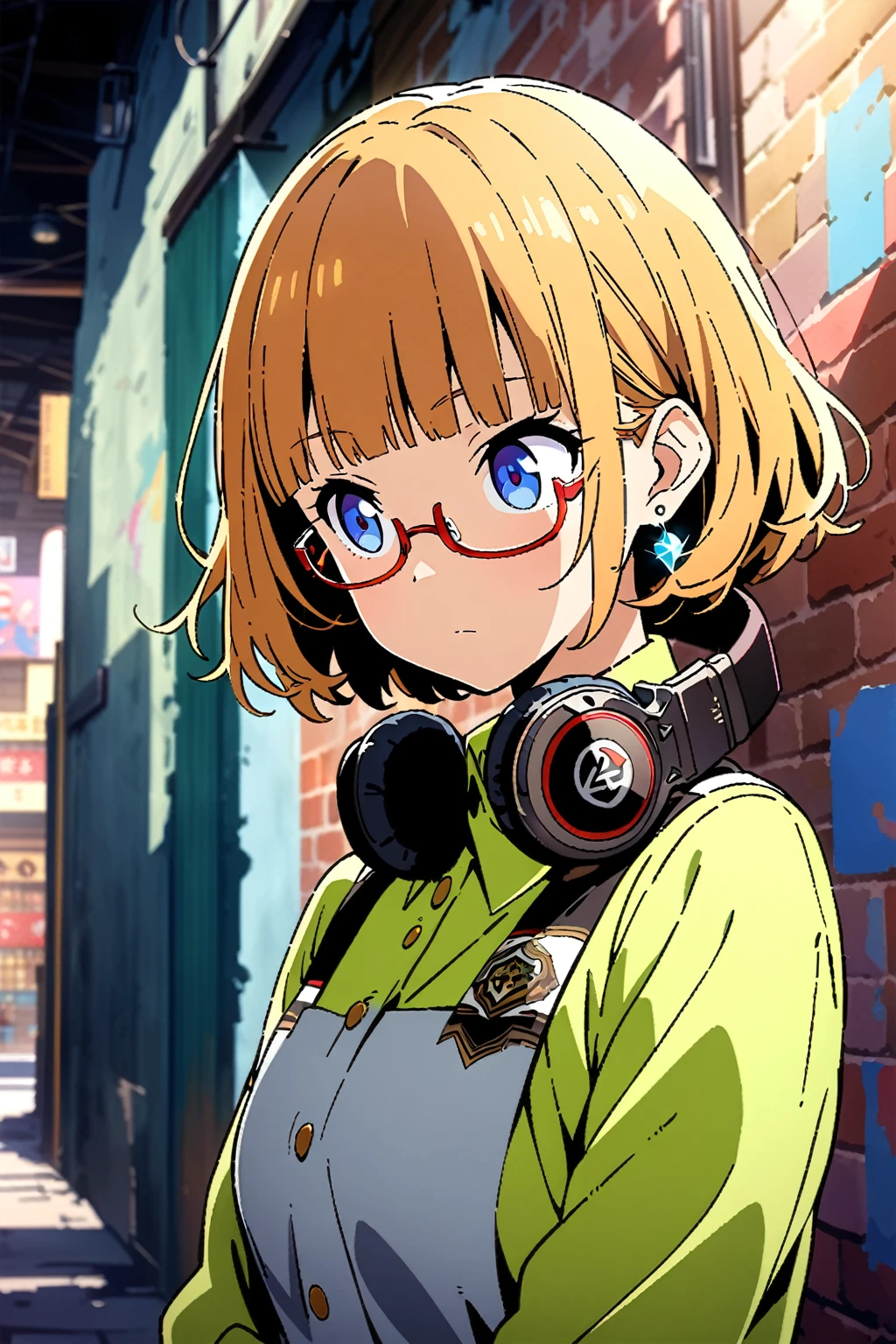 ((top-quality)), ((masterpiece)), ((ultra-detailliert)), (extremely detailed fine touch:1.3), (2D:1.3), solo, 1girl, waitress, (((semi-rimless eyewear:1.3))), (headphone around neck:1.2), sparkling earrings, bedroom eyes, short hair, messy hair, blunt bangs, old alley background, dozing,crayon color zentangle,outline,anime key visual,