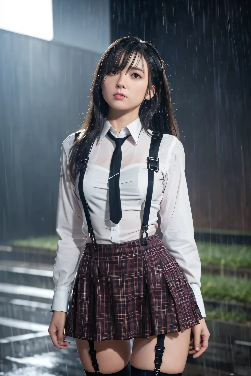 1 female, , high quality, masterpiece, Ultra-high resolution, Cinema Lighting, 1 female, , high quality, masterpiece, Ultra-high resolution, , Cinema Lighting, suspenders　　　Moderate breasts　 　 　　　　　 　　　　Small face　 　　　　　　　　　　　Looking up　　　　Sweat 　　　Thin belt　buzzer　脇Sweat 　　　　 　Garter belt　　Belt on pants　　holster　 　　Hands behind your back　 　Looking up　Anxious face　Knee-high　Knee socks　Knee-highソックス 　garter　ふとももにGarter belt　Checkered mini skirt　 　　Panty shot　Skirt gap Armament　　　holster　holster 　　Hands behind your back　 Anxious expression　　Anxious face, legs apart　Armament　　Leg holster　holster　See-through clothing　heavy rain　Rain-soaked dress shirt,
