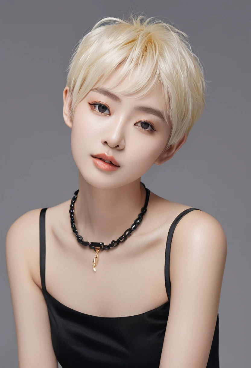 (Highest quality、4K、8k、High resolution、masterpiece:1.2)、Very detailed、(Genuine、Realistic、Realistic:1.3)、blonde、Pixie Cut、Black choker、Soft, widely spaced breasts、((Completely naked))、(Leaning forward)、