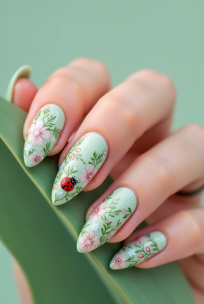 An aesthetic almond tip nail art with ladybug and plant pattern in soft color and the backgound color is mint green eye cat type nail art.