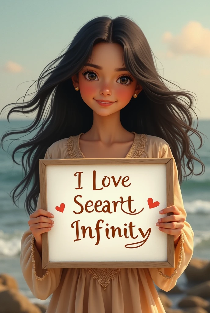 Beautiful girl with wavy long hair, bohemian dress, holding a white board with text "I Love Seaart Infinity" and showing it to the viewer
