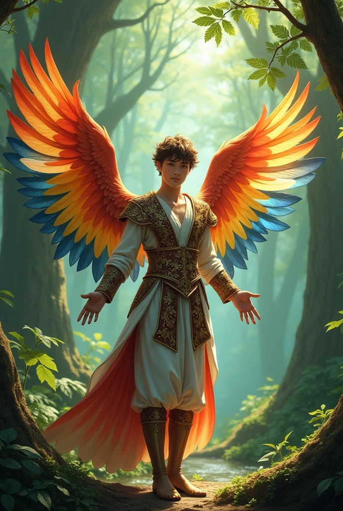 Create a adult boy having birds wings ,vivid wings , beautiful forest background, with a fairytale prince costume