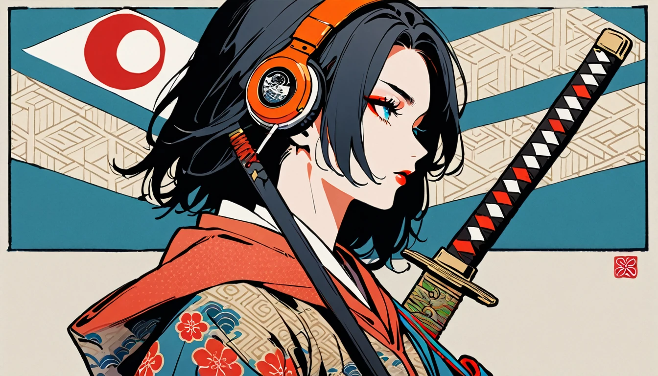 (((1 girl))), (((Flashy makeup))), (((Japanese style headphones))), (((Japanese pattern hoodie))), (((Japanese sword))), (((Female samurai))), Japanese beautiful girl, Black Hair, Delicate and precise, Modern ukiyo-e style, Japanese flag, red and blue neon