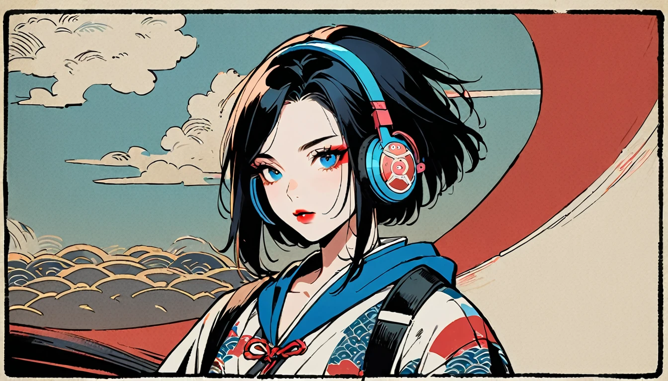 (((1 girl))), (((Flashy makeup))), (((Japanese style headphones))), (((Japanese pattern hoodie))), (((Japanese sword))), (((Female samurai))), Japanese beautiful girl, Black Hair, Delicate and precise, Modern ukiyo-e style, Japanese flag, red and blue neon