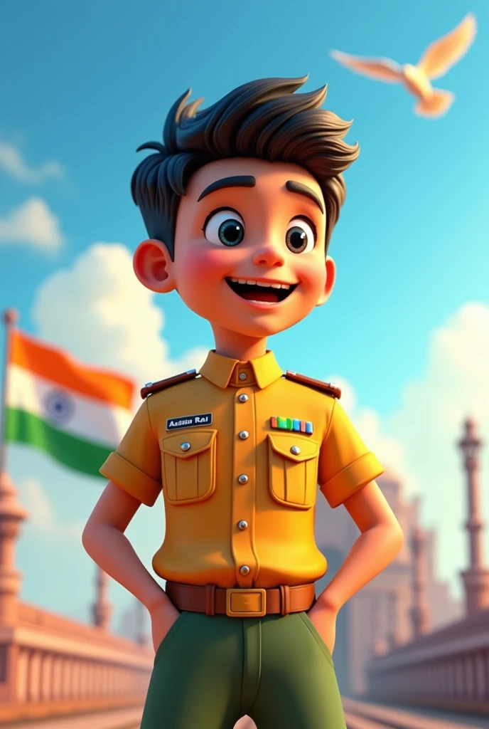 A ager Animation 3d Character boy celebrating Delhi capital Independence day and wearing commando dress with Name "Ashish Rai" on it and flag in his background with blue sky and dove flying.
