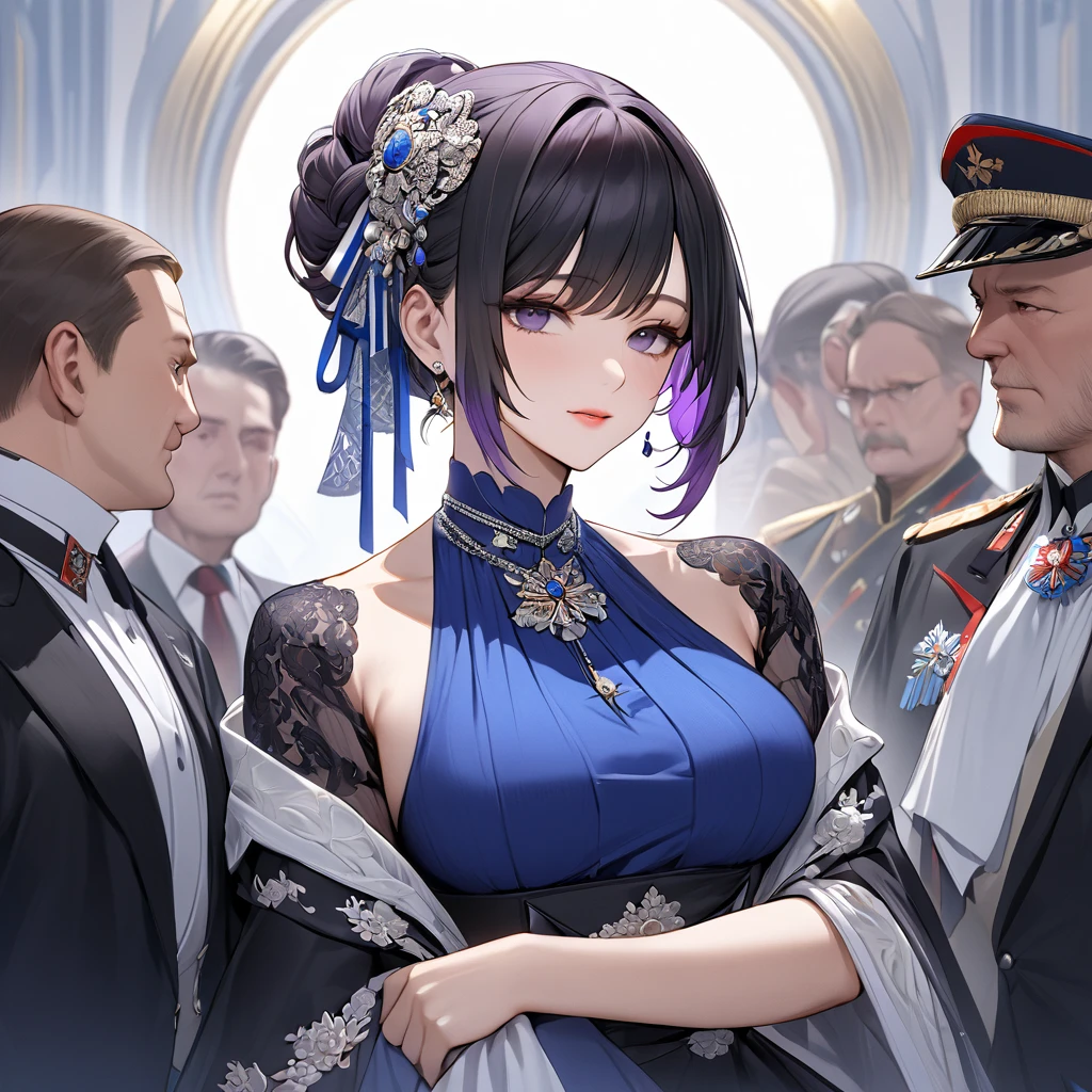 ((Highest quality)), ((masterpiece)), (detailed), (Perfect Face)、The woman is Shinobu Kocho, a Russian with black hair in a purple gradient bob style, tied up in a formal evening hairstyle.、The woman is a member of the United Russia party and is beautifully dressed in the fine attire and luxurious accessories appropriate for a party member.、She is a United Russia member who is dedicated to the cause of a great United Russia, and she deeply respects and worships the leader of the Great Russian Party, a United Russia supremacist.、The woman is working for a great Russia, accompanying and following the great United Russia officials.
