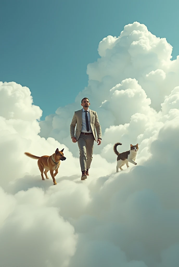 MAN WALKING ON CLOUDS WITH A DOG AND A CAT