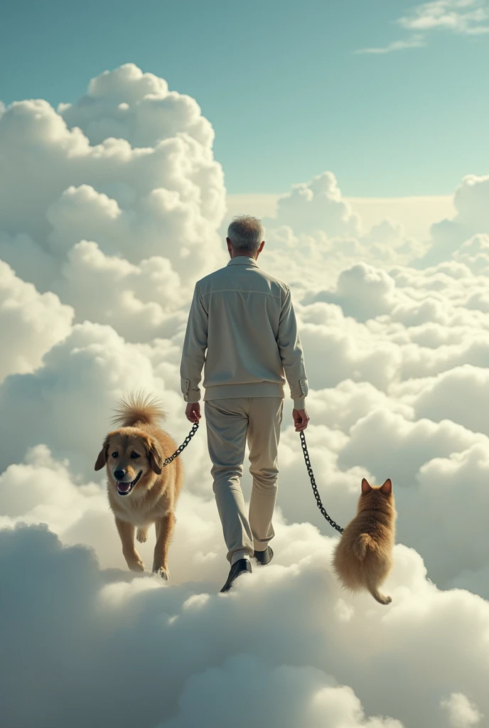MAN WALKING ON CLOUDS WITH A DOG AND A CAT