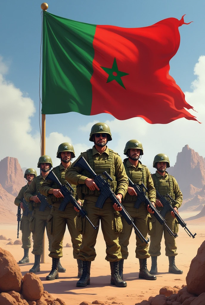 Moroccan armed soldiers with flag next to them