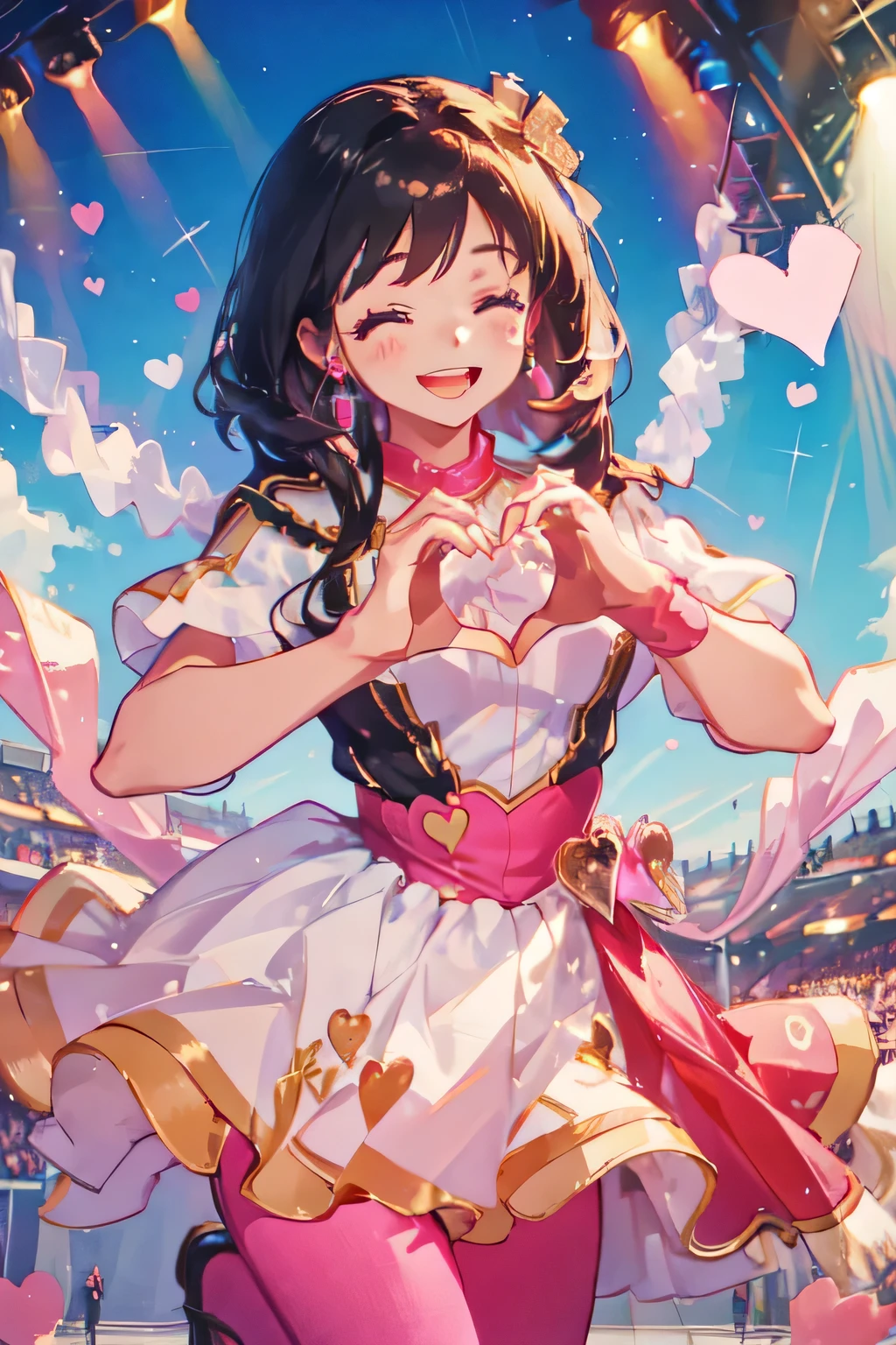 (heart hands, own hands together:1),1female,dress,idol, smile, happy, Jeggings
