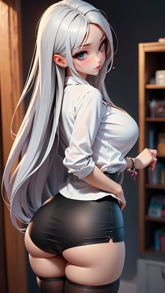 (Alone:1.5),(Woman1),(pretty),(hot slender body),(anime hentai2d),(Skin color Dark:1.5),(Long white hair that goes all the way to ass and white eyes),(black eyes),(sexy thin mouth),(Big ass:1.5),(hypinating ass to the fourth wall:1.5),(big breasts:1.5),(wearing),+,(A tight straight pencil skirt that highlights his big ass And a white blouse With a neckline in the middle of her big breasts)