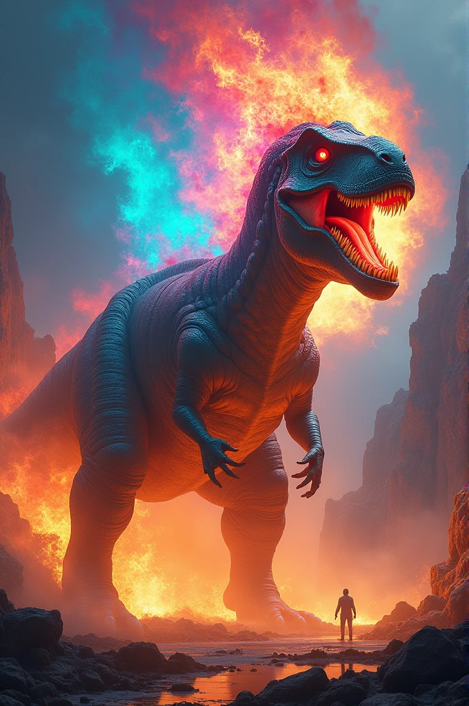 A big dinosaur, colorful colors are coming out of its body and fire is coming out of its mouth.