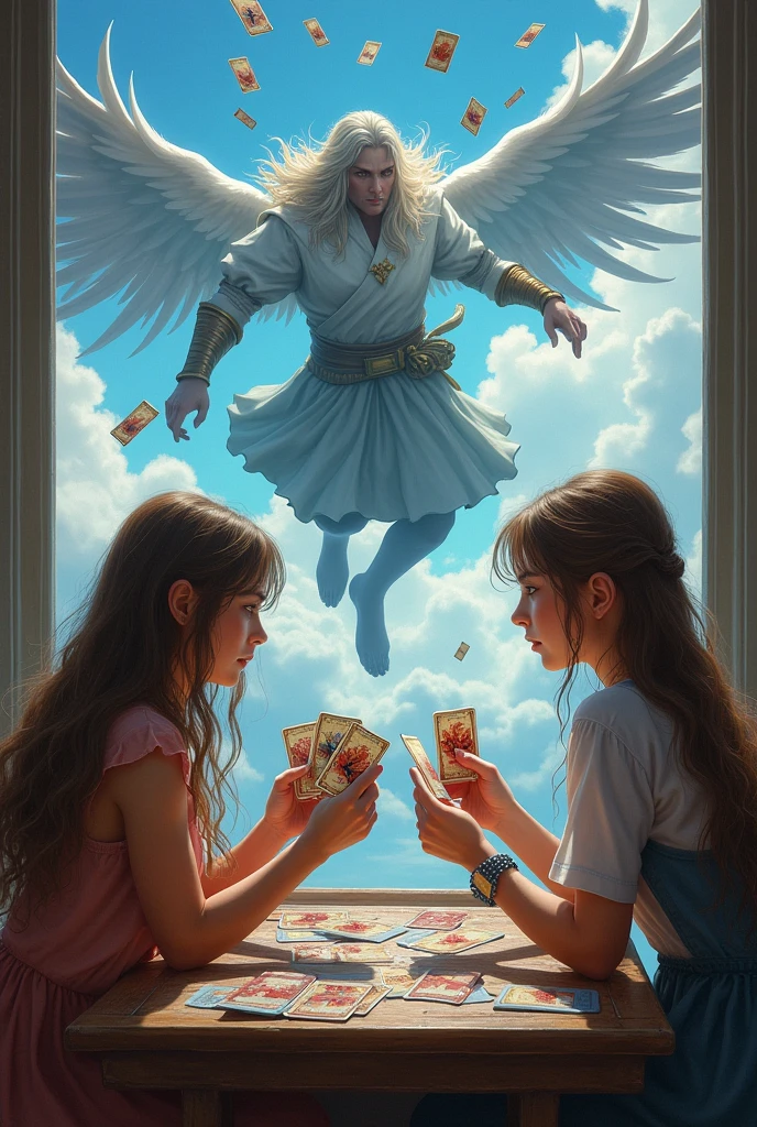 realistic photo, detailed photo, masterpiece, two girls play magic cards game on table, they summon two mages, (two mages fight in sky:1.9), many magic cards flying in sky, magic cards have comics on them, magic cards holding in all hands