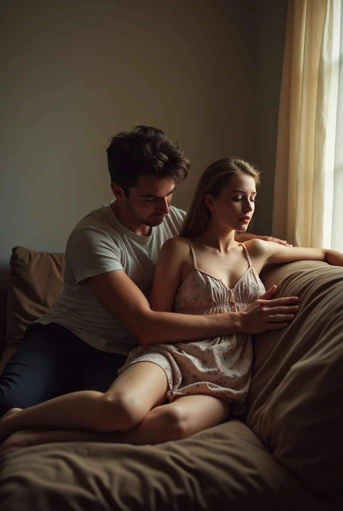 A guy pinning a girl to the couch... Don't show their faces