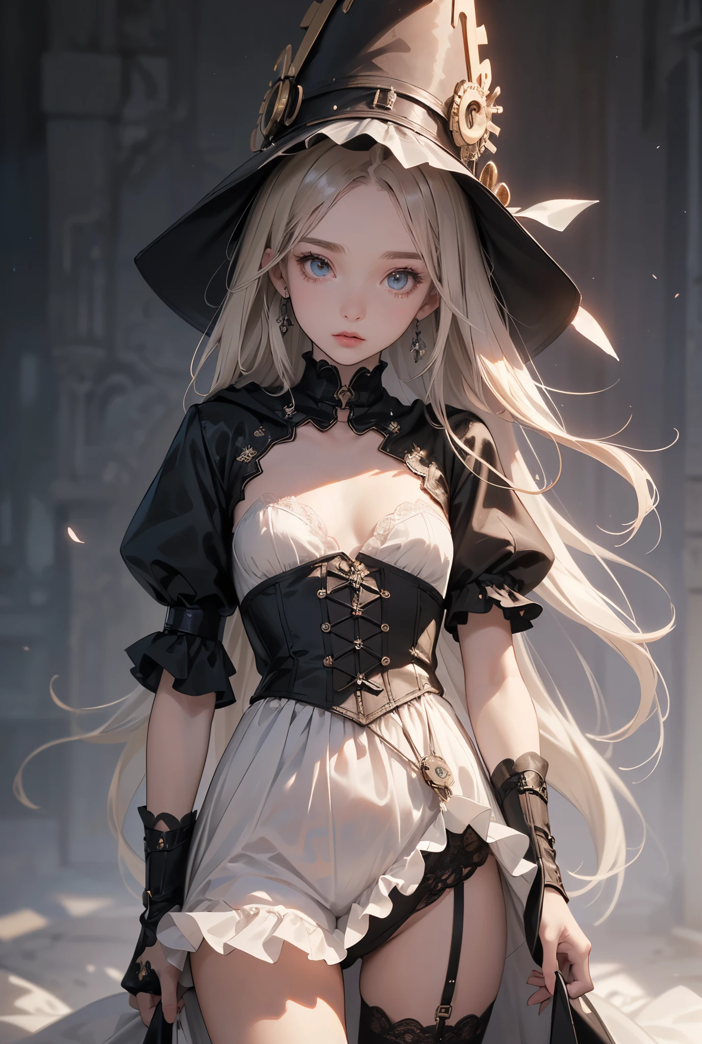 (((masterpiece, of the highest quality, super detailed))), (a witch belonging to an occult order of knights), (a knight crossed with a witch), Victorian era inspired, ((minimal but intricate beautiful armour)), Fluttering lace flared dress with frilly petticoats, ((nier automata meets bloodbourne)), ((((Highly detailed face))), (big forhead:1.2), (((Very sharp focused eyes))), very long eyelashes, small breasts, (((flat chest:1.1))), occult aesthetic, (red and white clothing detailed and intricate steampunk and detailed gothic), (with a hood), complex lace boots,