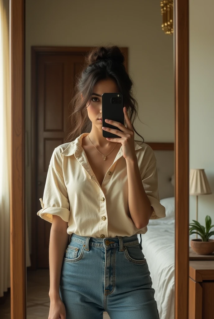 Girl who is taking mirror selfie without mobile in that mirror selfie you can see her full body and because of mobile her face should not be visible and she is in western clothes new india