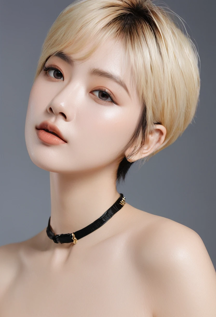 (Highest quality、4K、8k、High resolution、masterpiece:1.2)、Very detailed、(Genuine、Realistic、Realistic:1.3)、blonde、Pixie Cut、Black choker、Soft, widely spaced breasts、((Completely naked))、(Leaning forward)、