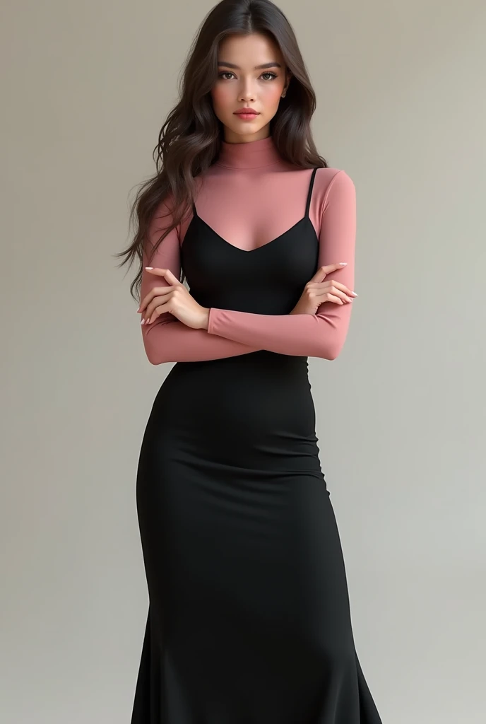 A girl wearing A mid length solid black colour frock with pink sheer top underneath which have long fitted sleeve and turtle neck