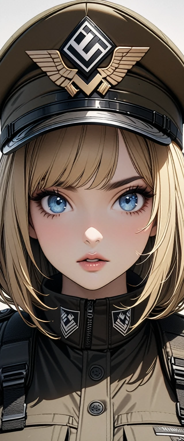 Bobcut　Blonde　soldier　Nazis　Black Costume　Army Costume　Army Caps　(())　Big eyes　Blue eyes　Highest quality　Super detailed　detailed woman　High quality　8k　