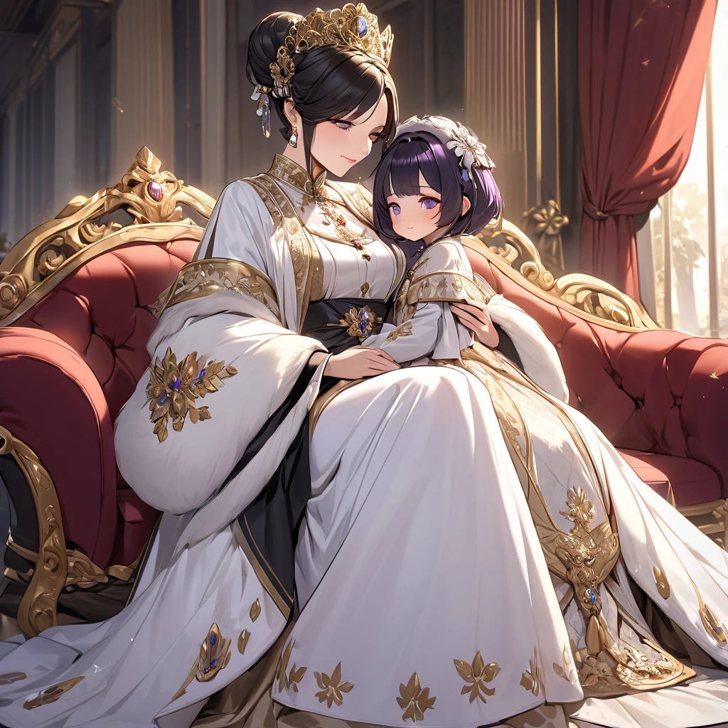 ((Highest quality)), ((masterpiece)), (detailed), (Perfect Face)、The woman is Shinobu Kocho, a Russian with black hair with purple gradient ends, tied in a bob hairstyle. She is a dignified, elegant and beautiful Russian noblewoman who is a good wife and mother, and the great Empress of the Russian Empire.、The woman is beautifully dressed in the gorgeous and glittering gold-colored ancient Russian court dress of an ancient Russian empress, accessorized with luxurious accessories and kokoshniks.、The woman is standing next to a great and dignified old Russian emperor.、A woman is sitting on a luxurious sofa in a palace hugging and kissing a great old Russian emperor, looking happy and in love、The woman loves the emperor with all her heart.、The woman is holding her beautiful grown daughter