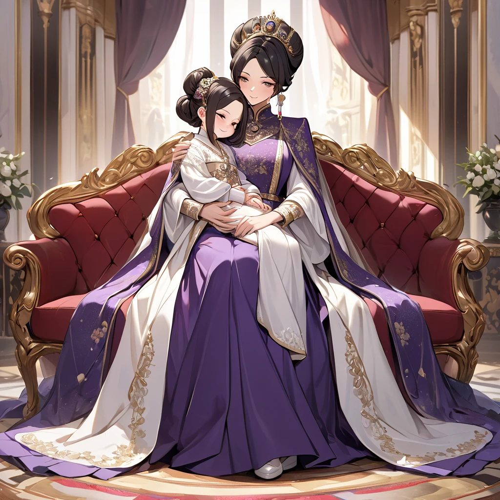 ((Highest quality)), ((masterpiece)), (detailed), （Perfect Face）、The woman is Shinobu Kocho, a Russian with black hair with purple gradient ends, tied in a bob hairstyle. She is a dignified, elegant and beautiful Russian noblewoman who is a good wife and mother, and the great Empress of the Russian Empire.、The woman is beautifully dressed in the gorgeous and glittering gold-colored ancient Russian court dress of an ancient Russian empress, accessorized with luxurious accessories and kokoshniks.、The woman is standing next to a great and dignified old Russian emperor.、A woman is sitting on a luxurious sofa in a palace hugging and kissing a great old Russian emperor, looking happy and in love、The woman loves the emperor with all her heart.、The woman is holding her 