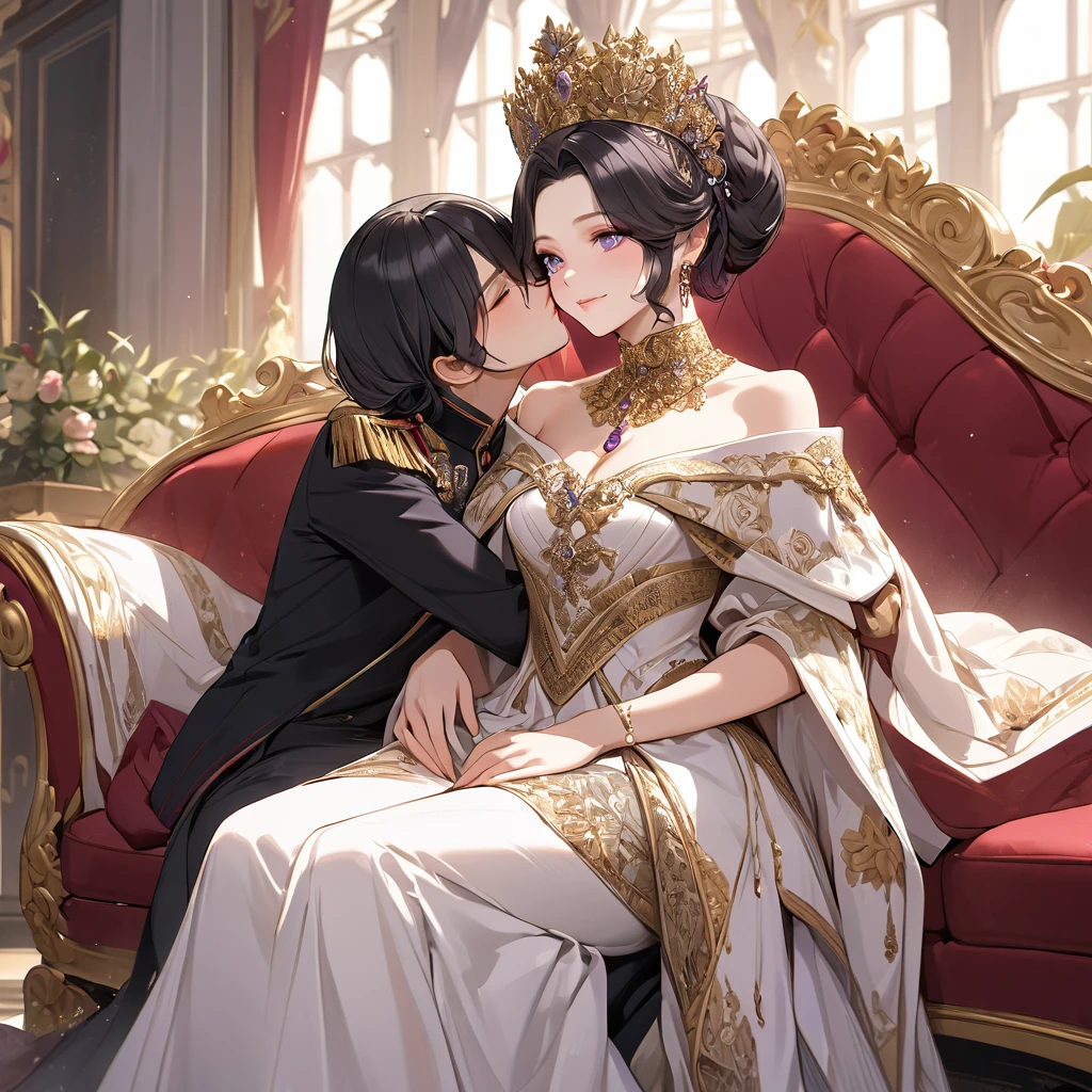 ((Highest quality)), ((masterpiece)), (detailed), (Perfect Face)、The woman is Shinobu Kocho, a Russian with black hair with purple gradient ends, tied in a bob hairstyle. She is a dignified, elegant and beautiful Russian noblewoman who is a good wife and mother, and the great Empress of the Russian Empire.、The woman is beautifully dressed in the gorgeous and glittering gold-colored ancient Russian court dress of an ancient Russian empress, accessorized with luxurious accessories and kokoshniks.、The woman is standing next to a great and dignified old Russian emperor.、A woman is sitting on a luxurious sofa in a palace hugging and kissing a great old Russian emperor, looking happy and in love、The woman loves the emperor with all her heart.、The woman is holding her beautiful grown daughter