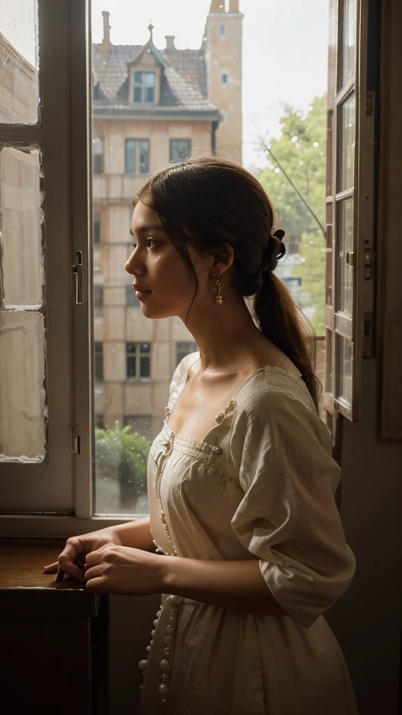 "A realistic and stunning portrayal of Vermeer's 'Girl with a Pearl Earring,' standing in front of a window. The windowpane has the words 'HOLA María' written on it, as if drawn with a finger in condensation. The light from the window softly illuminates her face, capturing the classic elegance and delicate textures of her attire. The scene is artistic, with a sense of intimacy and depth, blending the timeless beauty of the painting with a modern, lifelike setting."