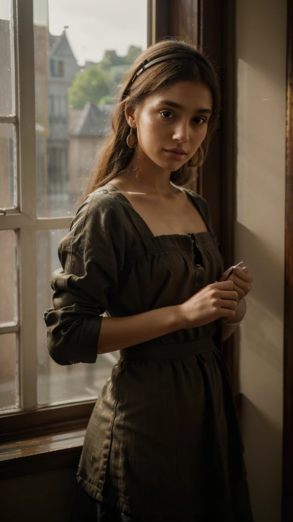 "A realistic and stunning portrayal of Vermeer's 'Girl with a Pearl Earring,' standing in front of a window. The windowpane has the words 'HOLA María' written on it, as if drawn with a finger in condensation. The light from the window softly illuminates her face, capturing the classic elegance and delicate textures of her attire. The scene is artistic, with a sense of intimacy and depth, blending the timeless beauty of the painting with a modern, lifelike setting."