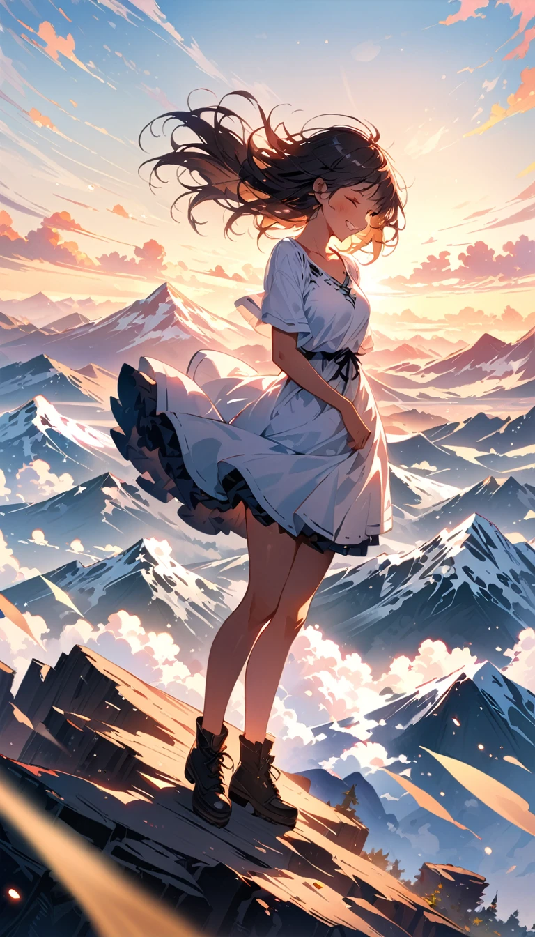 mountain top, cloud, girl, Looking down, wind, happy, perfect quality, (masterpiece: 1.2) (realistic: 1.2) (bokeh) (best quality) (sensitive skin: 1.3) (intricate details) (8k) (Detail Eyes) (clear focus), whole body