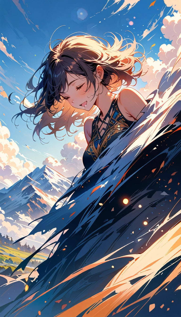mountain top, cloud, girl, Looking down, wind, happy, perfect quality, (masterpiece: 1.2) (realistic: 1.2) (bokeh) (best quality) (sensitive skin: 1.3) (intricate details) (8k) (Detail Eyes) (clear focus), whole body