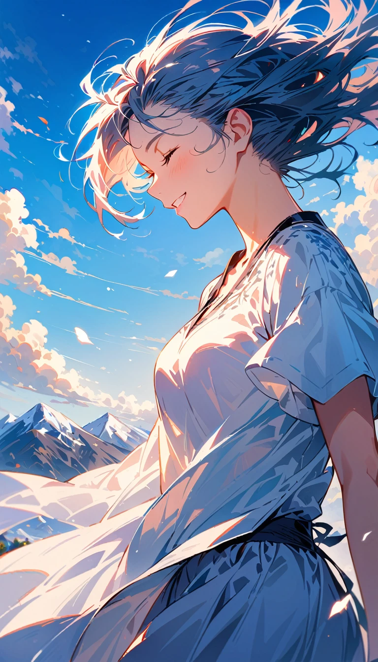 mountain top, cloud, girl, Looking down, wind, happy, perfect quality, (masterpiece: 1.2) (realistic: 1.2) (bokeh) (best quality) (sensitive skin: 1.3) (intricate details) (8k) (Detail Eyes) (clear focus), whole body